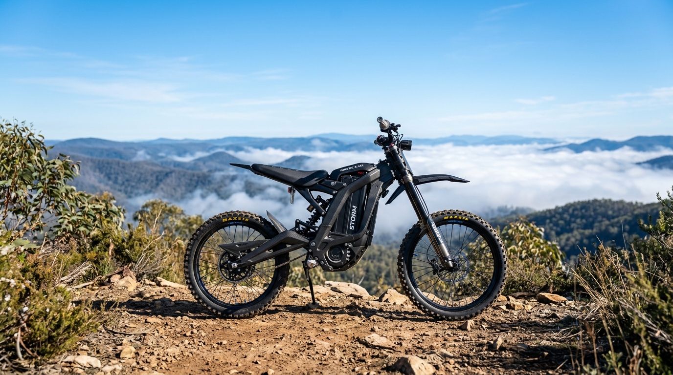 Electric dirt bike Australia — off-road trail riding background